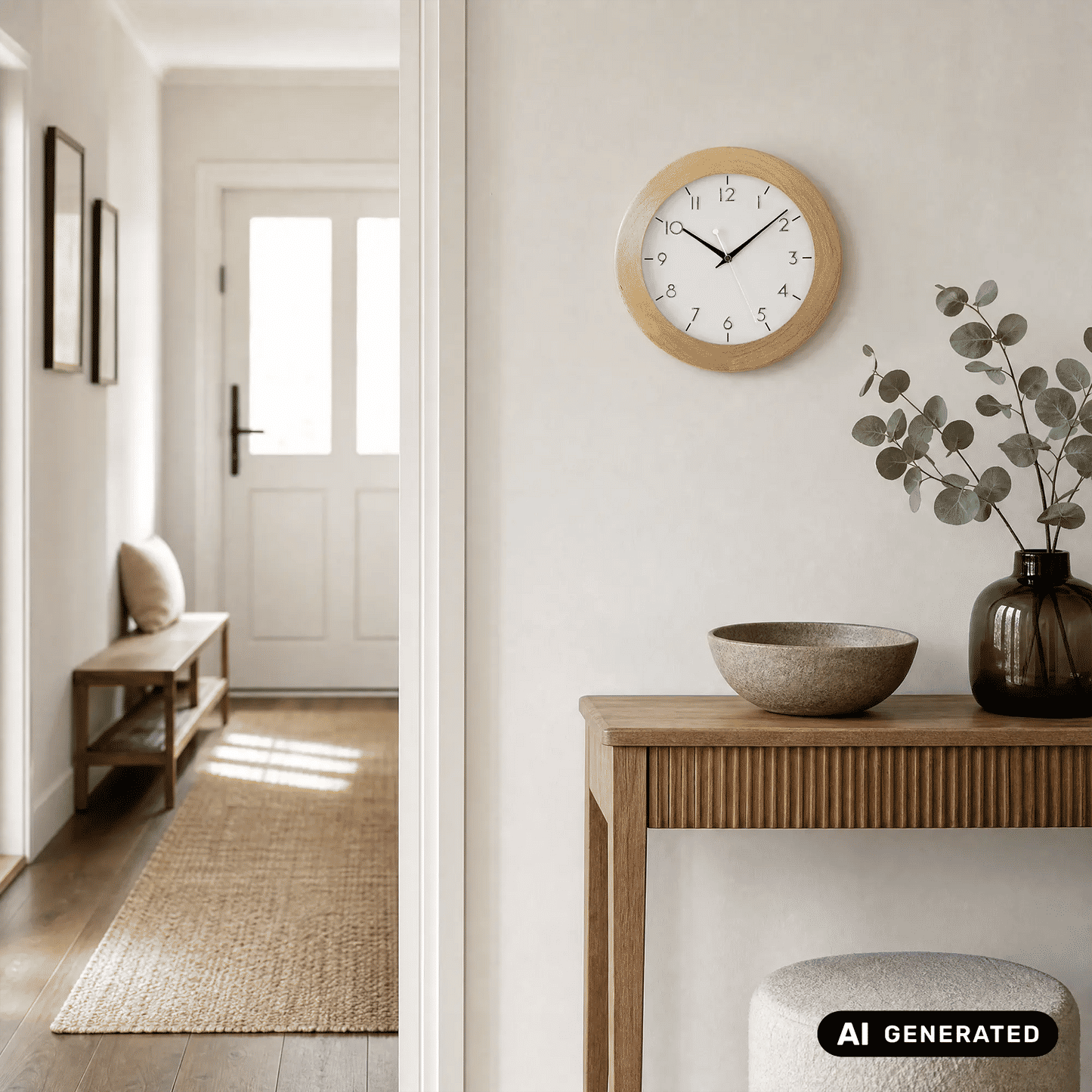 Wanduhr mit rundem Holzrahmen, weißem Zifferblatt und schwarzen Minuten- und Stundenzeigern