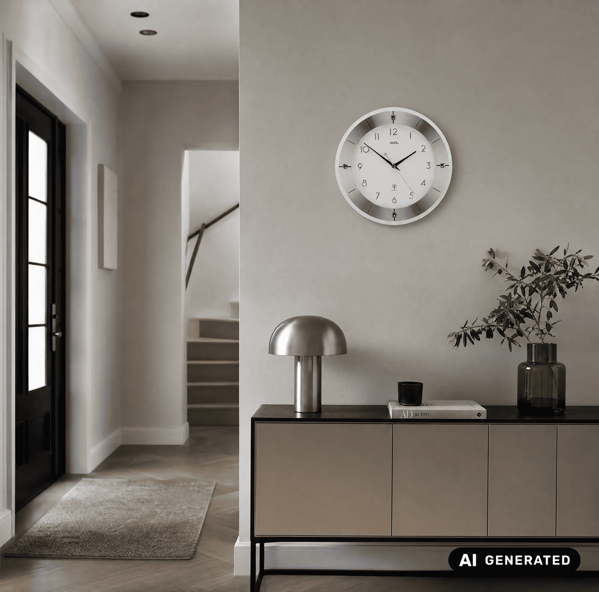 Wanduhr an der Wand über Kommode, silberner Rahmen, weißes Zifferblatt, schwarze Zeiger