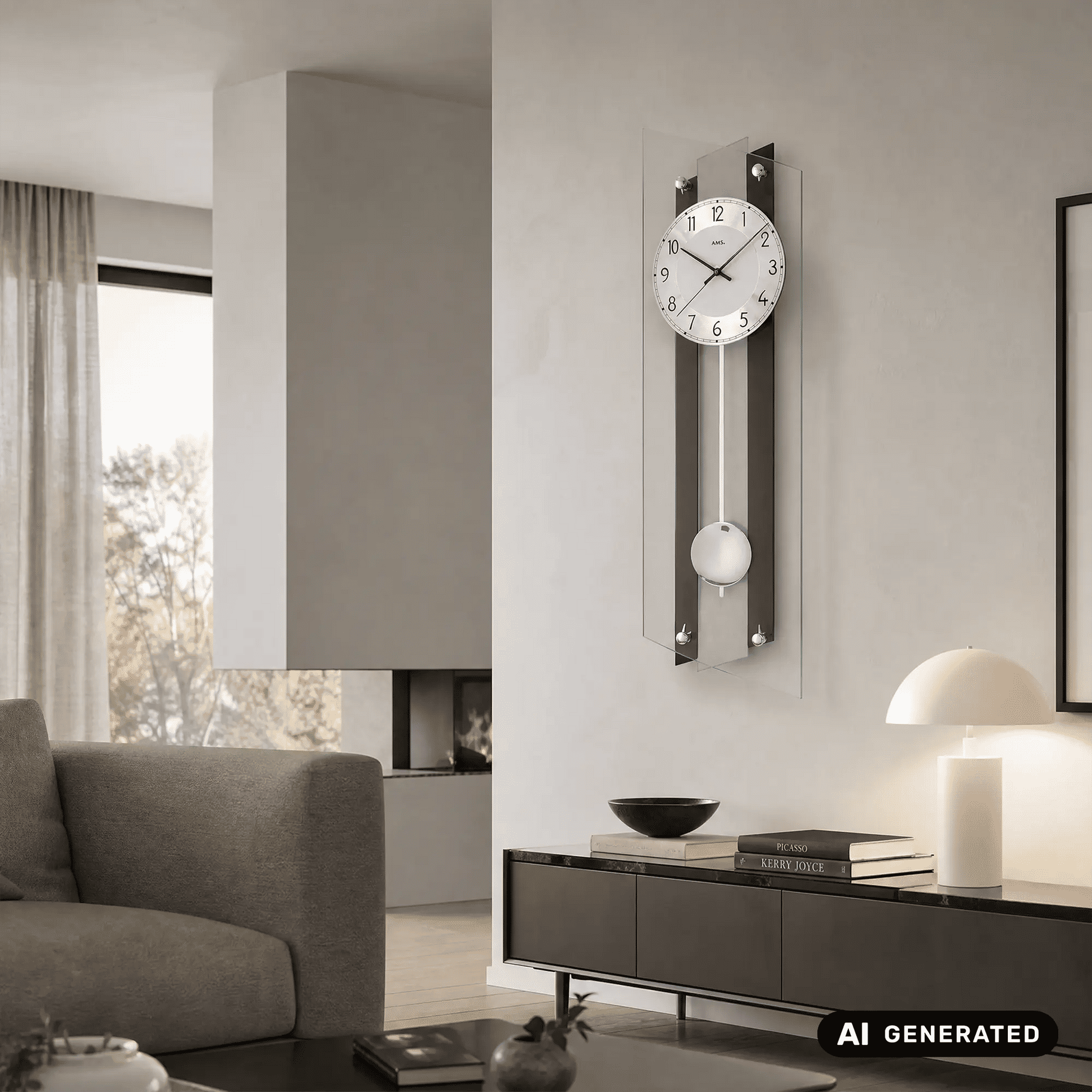 Wanduhr-Design mit Mineralglasfront, rundem Zifferblatt und herabhängendem Pendelgewicht