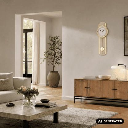 Pendel-Wanduhr an der Wand: rundes weißes Zifferblatt, schwarze Zeiger, helles Holz
