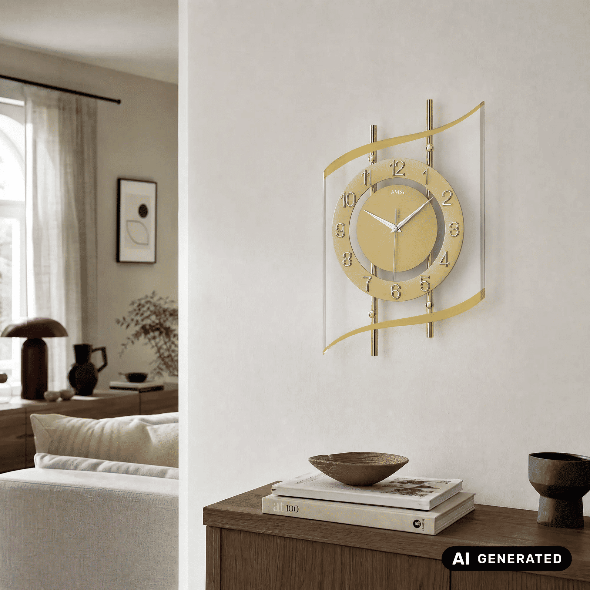 Goldfarbene Wanduhr mit rundem Ziffernring, Zeigern und Mineralglas