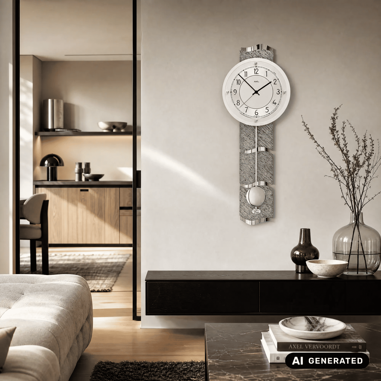 Wanduhr an der Wand: rundes Zifferblatt über grauem Naturstein-Pendelwerk