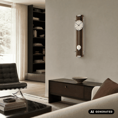 Wanduhr an der Wand über Sideboard: Nussbaumgehäuse, Glasabdeckung und weißes Pendel.