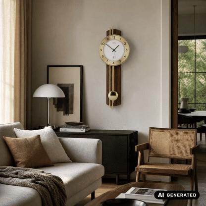 Wanduhr an der Wand mit weißem Zifferblatt, goldenen Zeigern und Pendel im Holzgehäuse