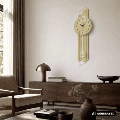 Wanduhr AMS im Wohnraum: goldfarbene Messingauflage, rundes Glas-Ziffernblatt mit Zeigern