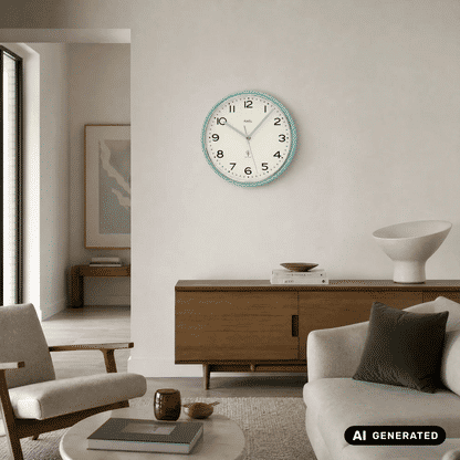 Wanduhr an der Wand mit türkisfarbenem Rahmen, weißem Zifferblatt und schwarzen Zahlen