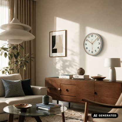 Wanduhr mit türkisfarbener Einfassung, weißem Zifferblatt und orangefarbenen Zeigern