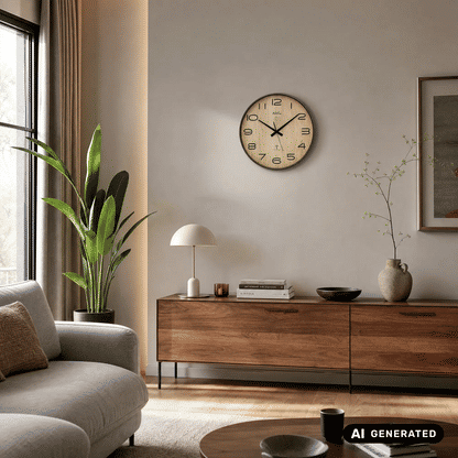 AMS Wanduhr mit Holz-Zifferblatt, schwarzem Rahmen und Mineralglas