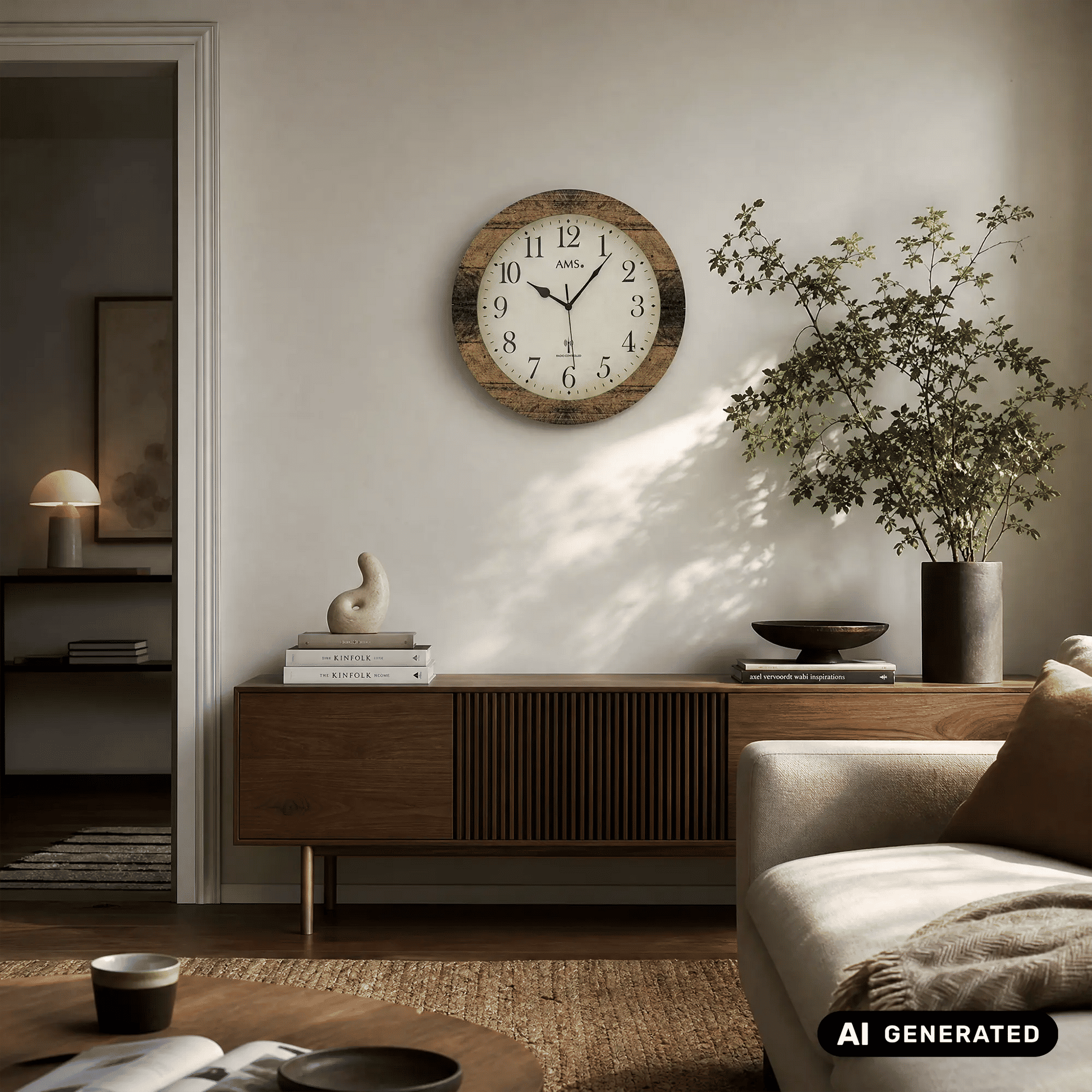 Wanduhr mit rundem Nussbaum-Holzrahmen und weißem Zifferblatt, Zeiger und Ziffern sichtbar