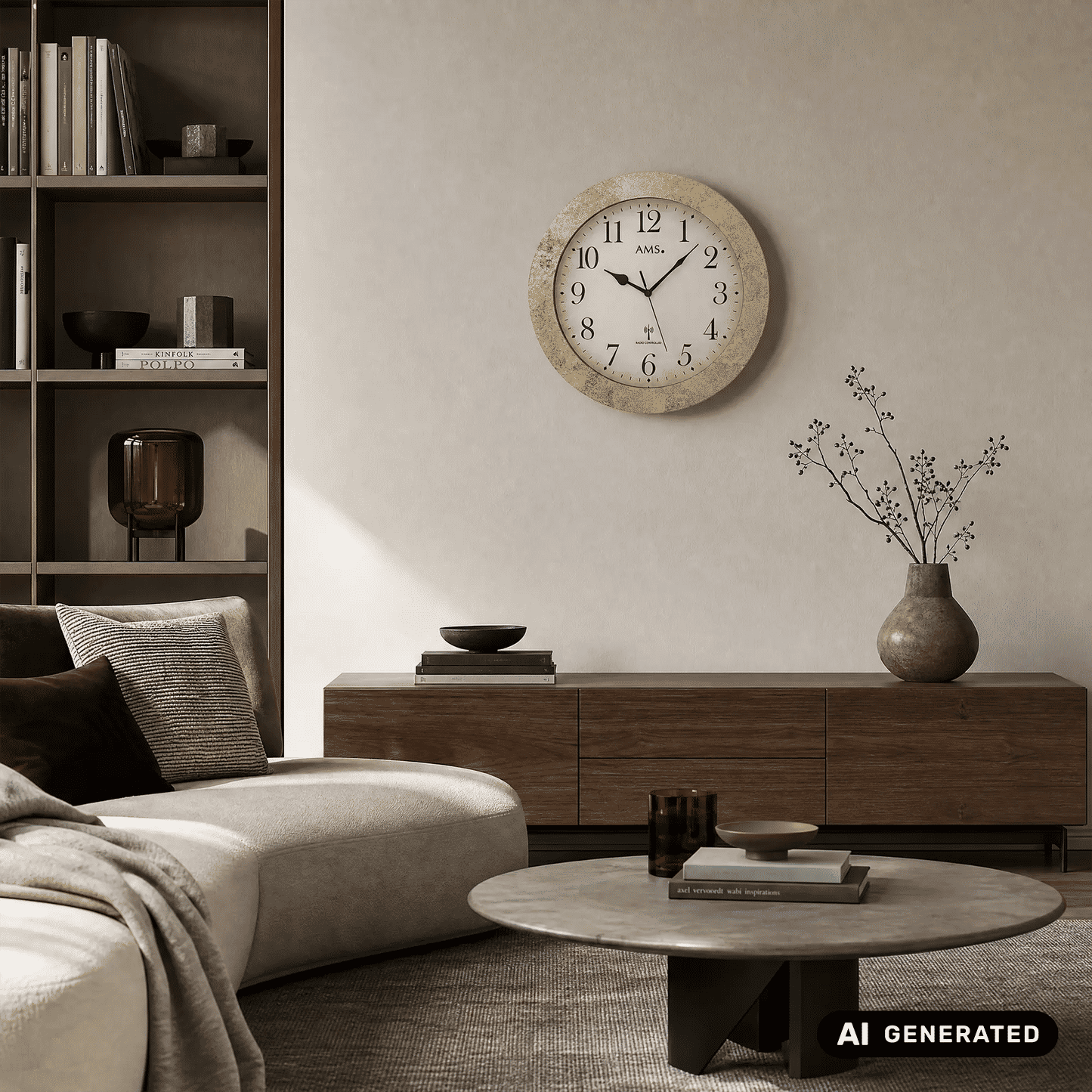 AMS Funk-Wanduhr an der Wand: antik-goldener Kreisrahmen, beiges Zifferblatt