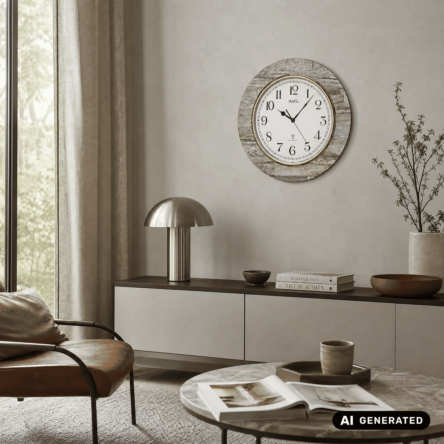 AMS Funk-Wanduhr an der Wand mit weißem Ziffernblatt, schwarzem Zahlenring und Goldrahmen