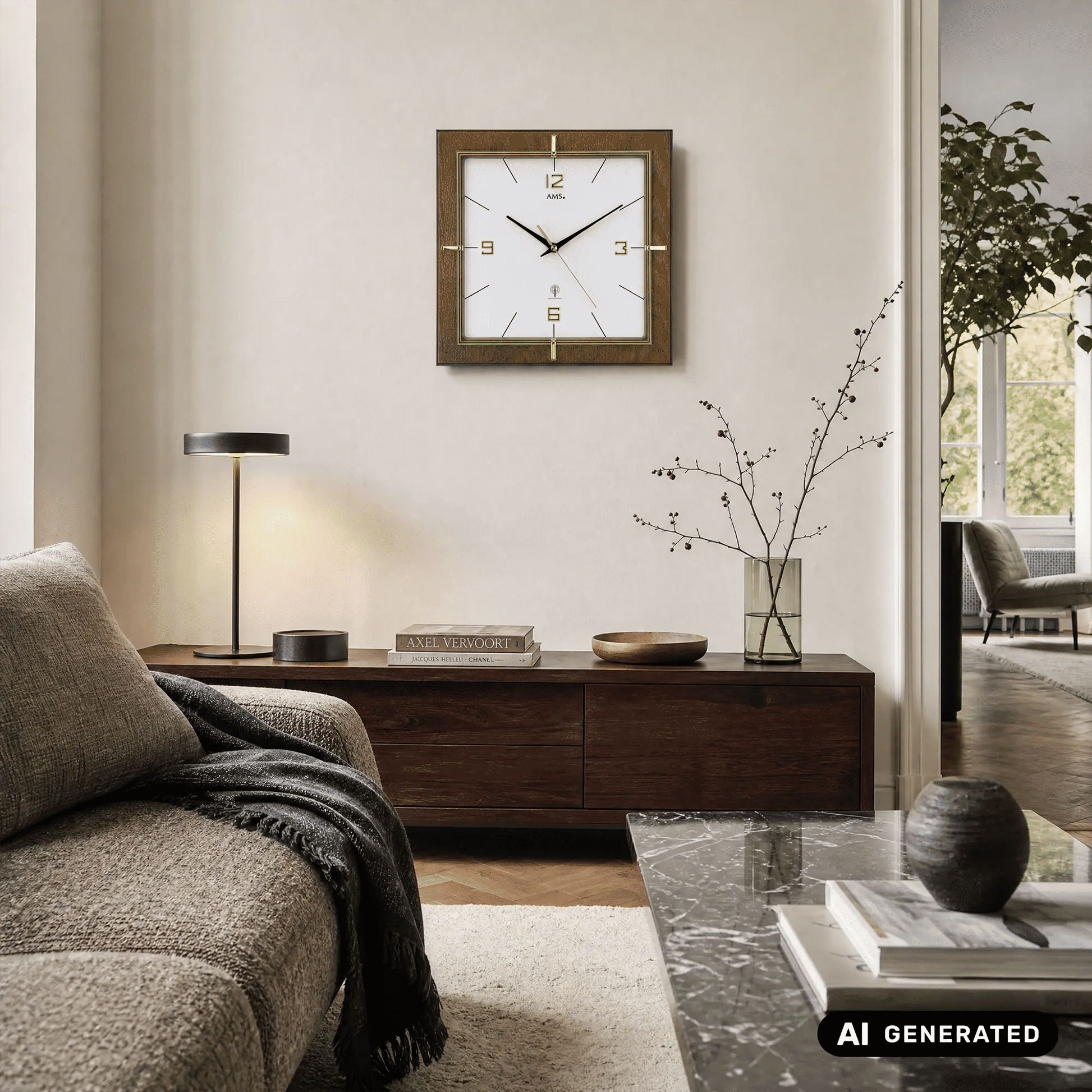 Wanduhr im Nussbaumrahmen mit weißem Zifferblatt und goldenen Applikationen