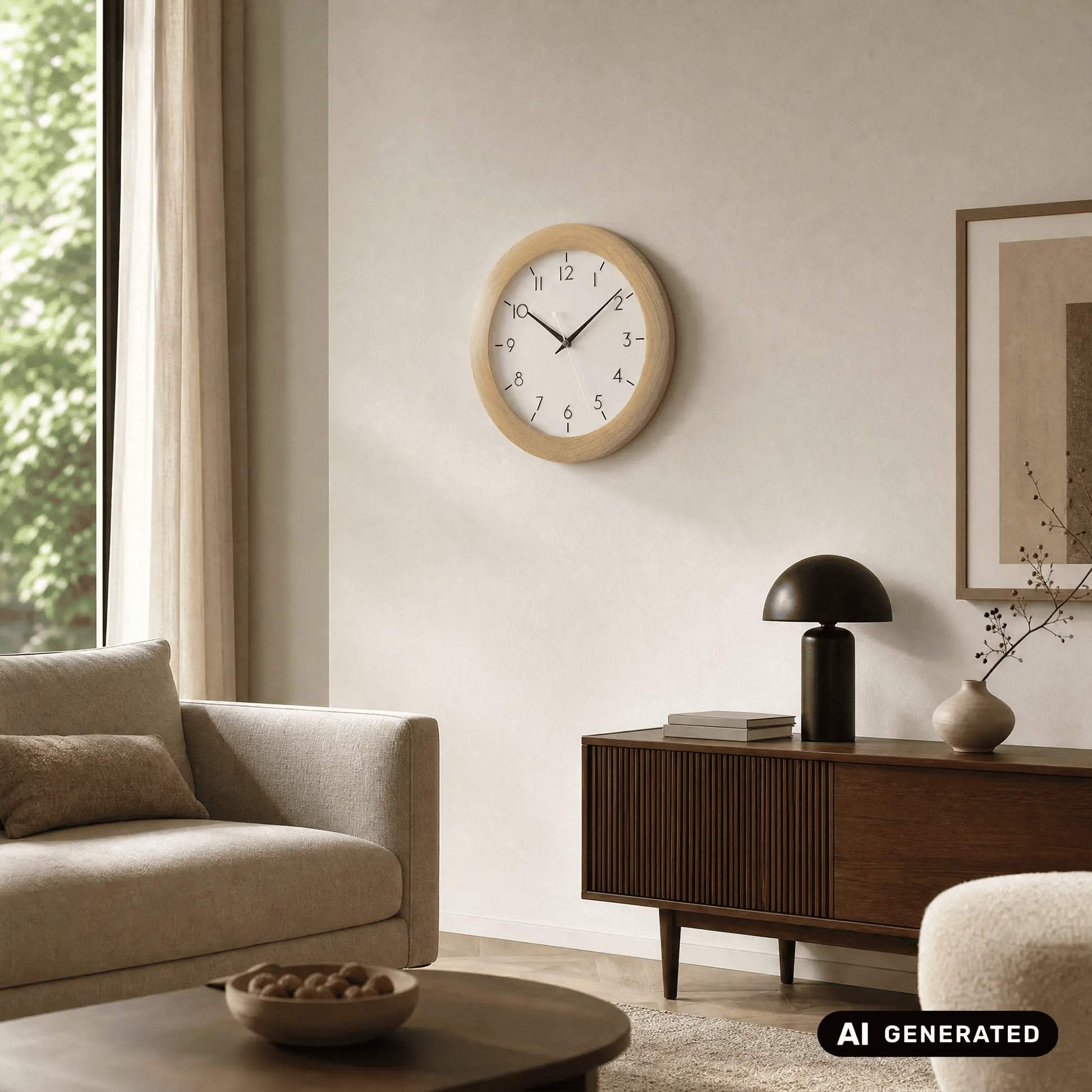 Wanduhr mit rundem Holzrahmen und weißem Zifferblatt, schwarze Zeiger