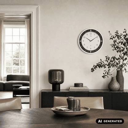 Wanduhr an Wand mit silbernem Rahmen, weißem Zifferblatt und schwarzem Ziffernring