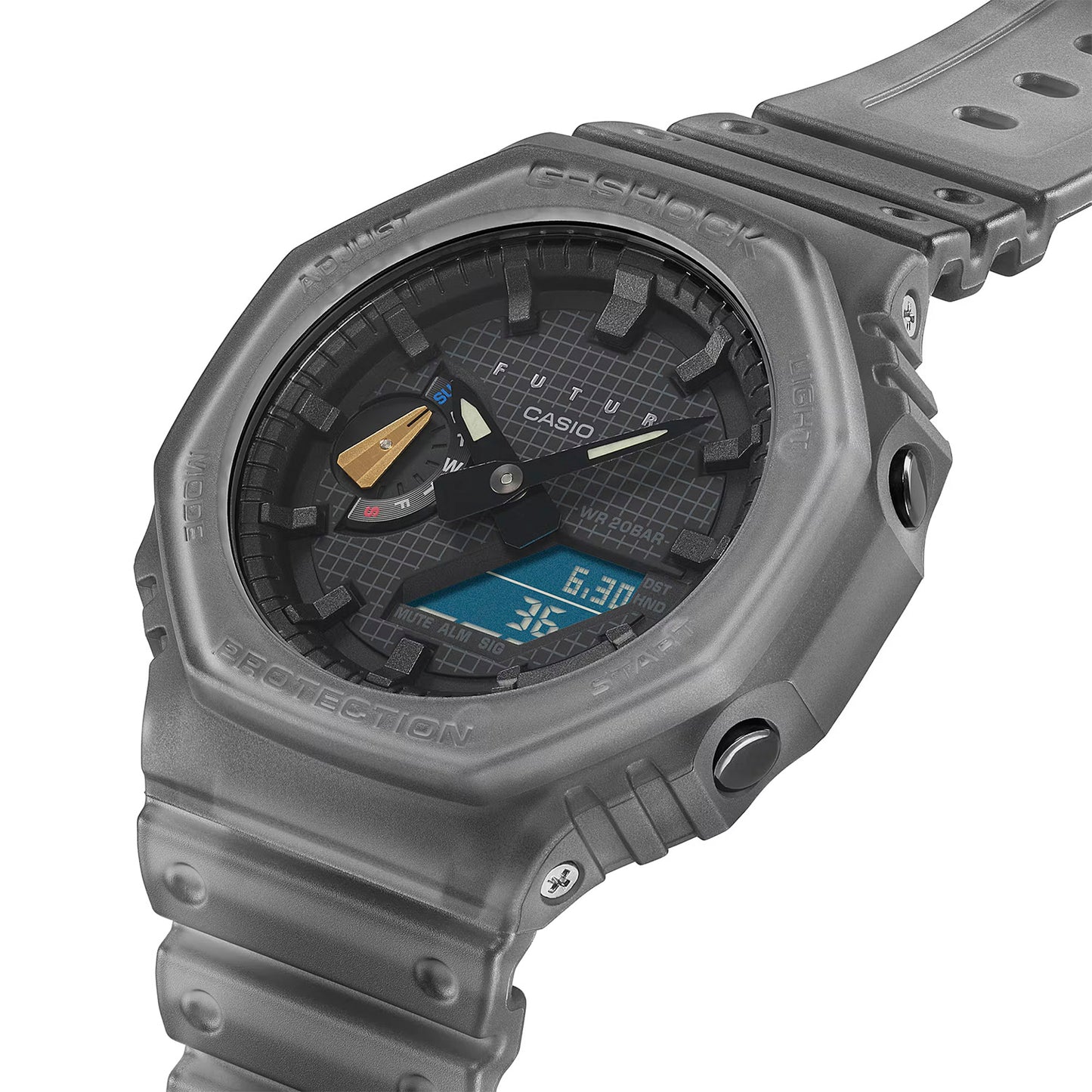 Casio G-SHOCK Herrenarmbanduhr, graues Gehäuse, Zifferblatt mit Digitalanzeige und Markierungen