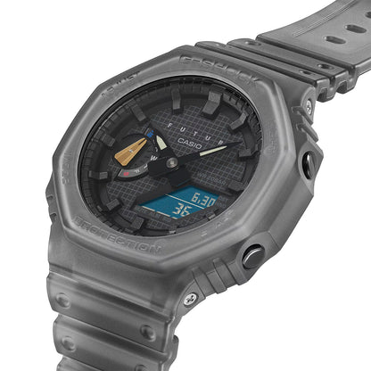 Casio G-SHOCK Herrenarmbanduhr, graues Gehäuse, Zifferblatt mit Digitalanzeige und Markierungen