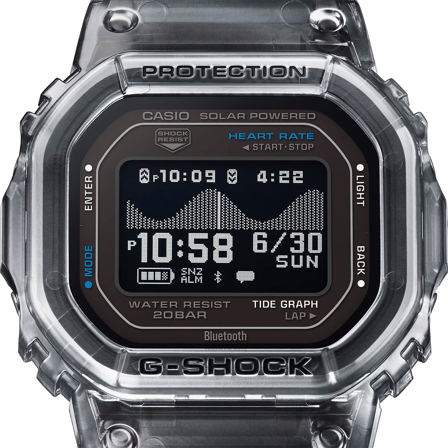 Casio G-Shock G-Lide Herrenarmbanduhr, transparentes Gehäuse, schwarzes Silikonband, Display