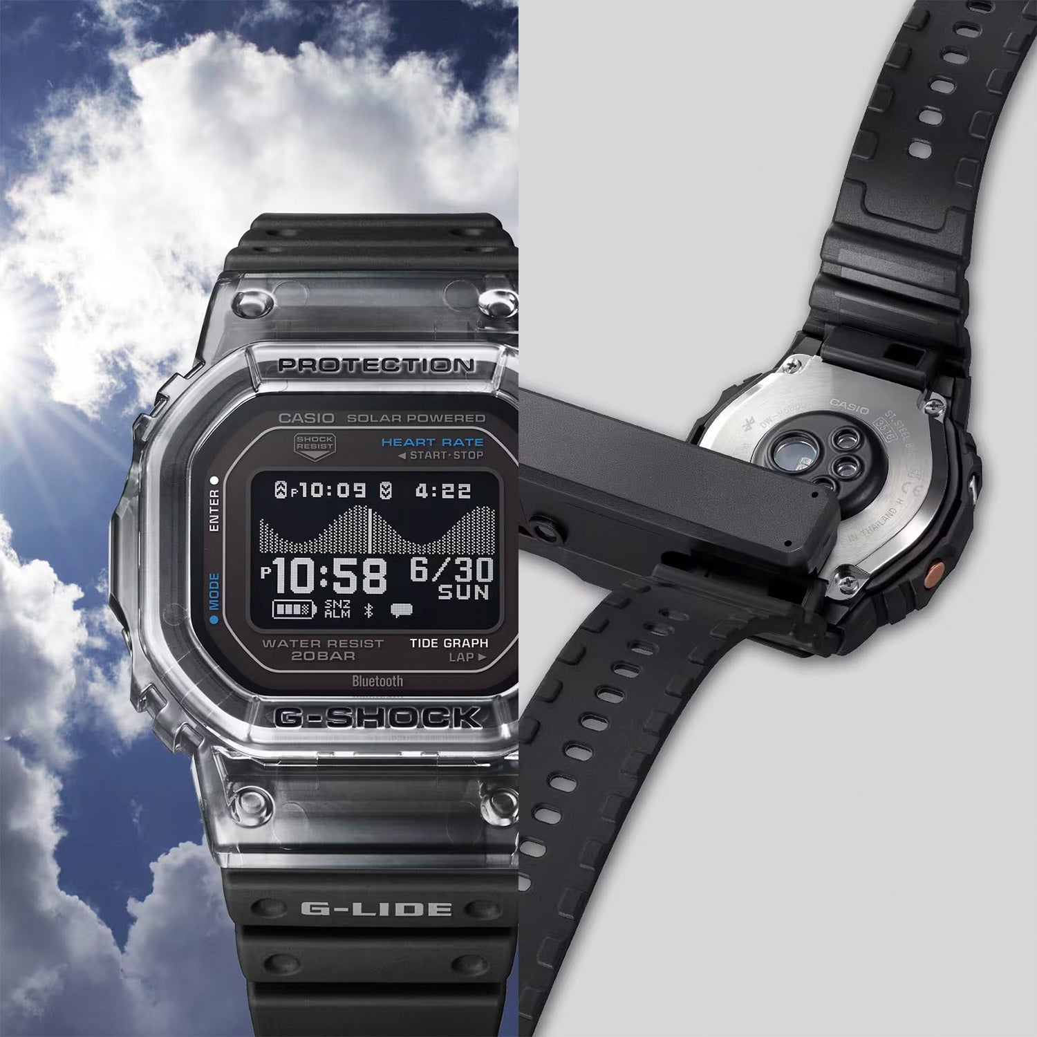Casio G-Shock G-Lide Herrenarmbanduhr, transparentes Gehäuse, schwarzes Silikonband, 3/4-Ansicht