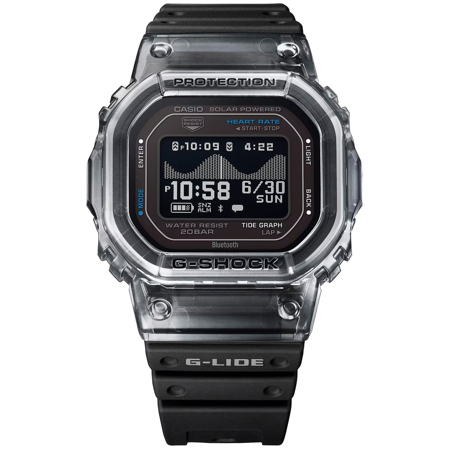 Casio G-Shock G-Lide Herrenarmbanduhr, transparentes Gehäuse, schwarzes Band, digitale Anzeige