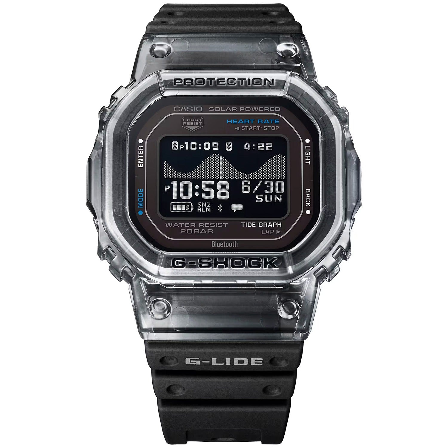 Casio G-Shock G-Lide Herrenarmbanduhr, transparentes Gehäuse, schwarzes Band, digitale Anzeige