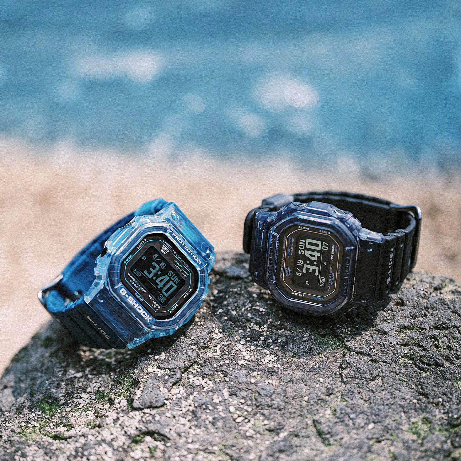 Casio G-Shock G-Lide Armbanduhr mit transparentem Gehäuse, blauer Anzeige, schwarzem Band