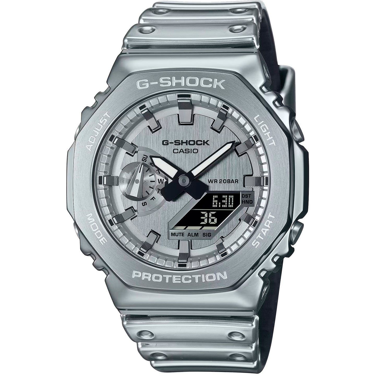 Herrenarmbanduhr G‑SHOCK mit silbernem Metallband und rundem Analog-Zifferblatt