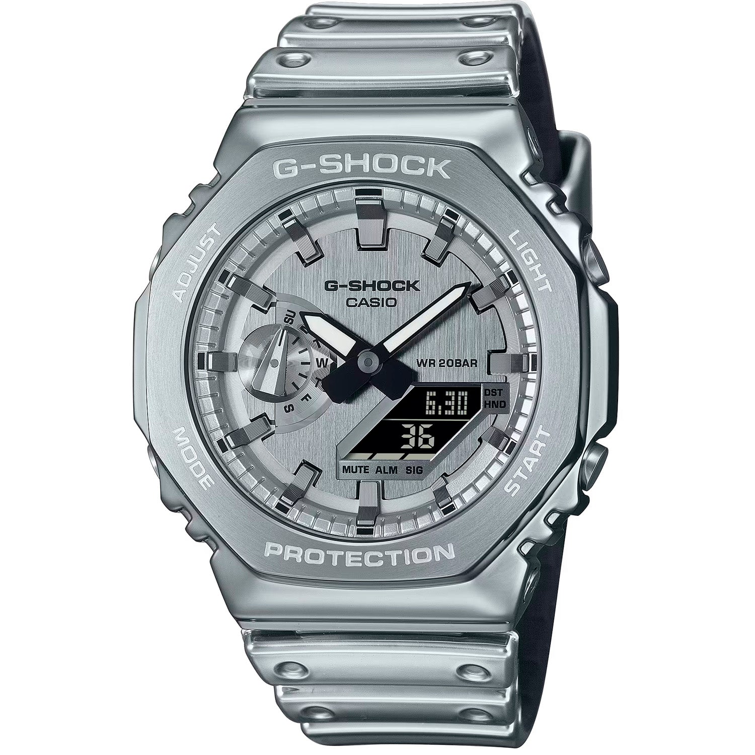 Herrenarmbanduhr G‑SHOCK mit silbernem Metallband und rundem Analog-Zifferblatt