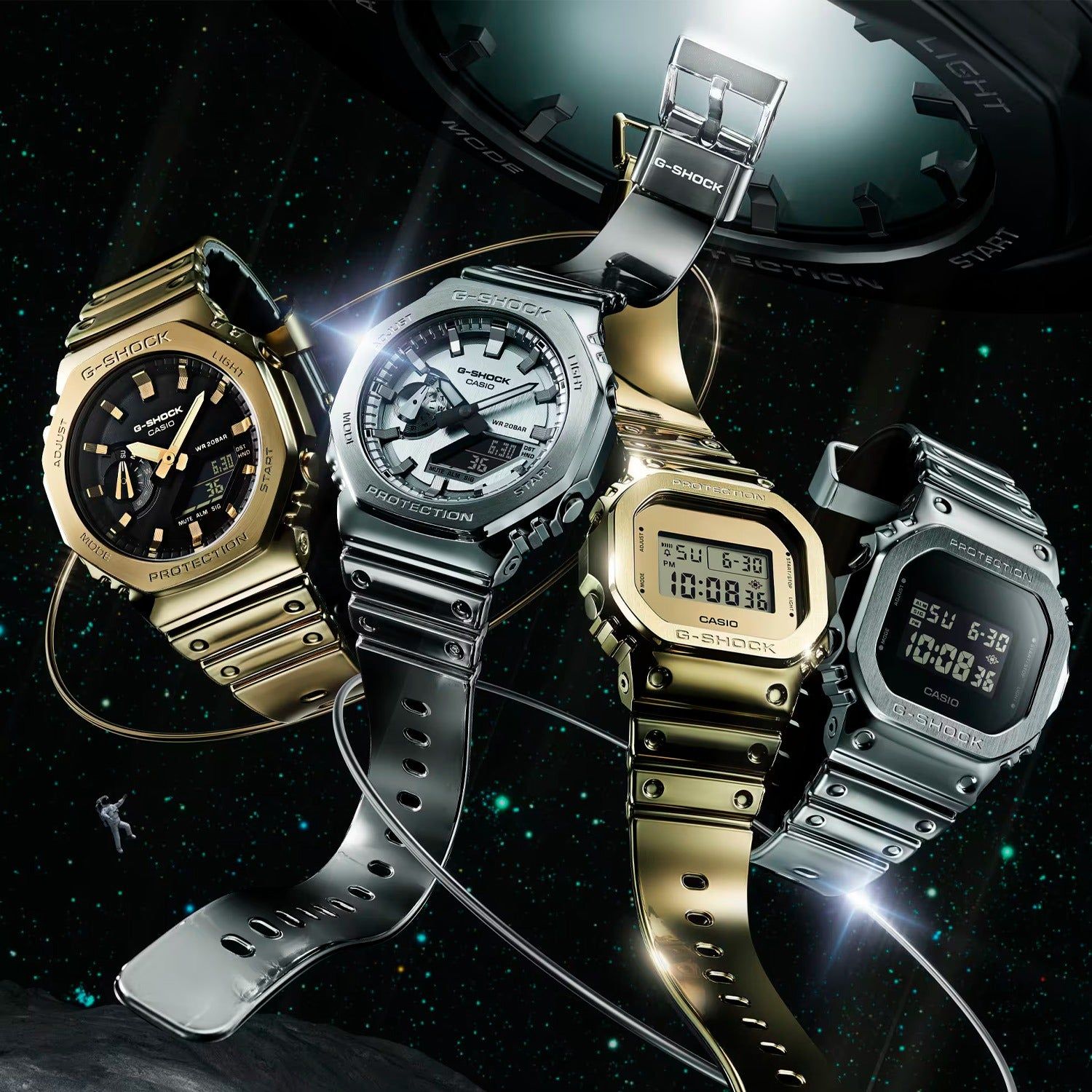 Mehrere G‑SHOCK G‑Steel Uhren mit Metallbändern in Silber und Gold, silbernes Modell vorn