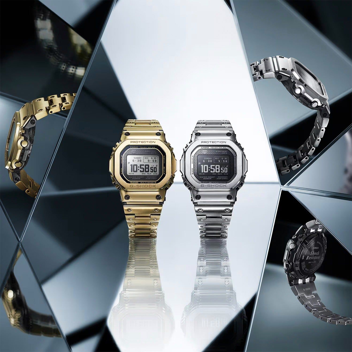 Casio G‑SHOCK Herrenuhr mit silbernem Vollmetallband und digitalem Display