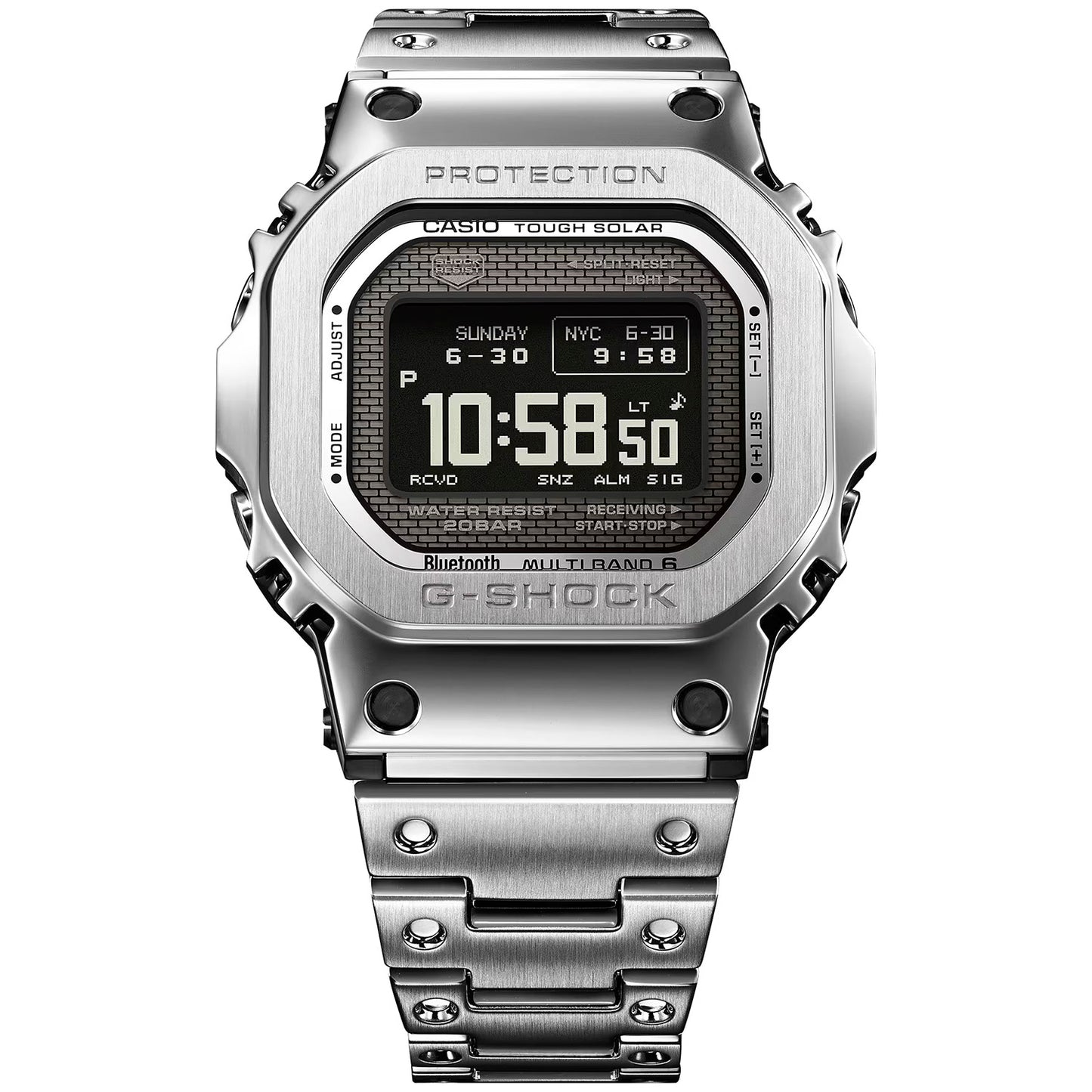 Casio G‑SHOCK Herrenuhr silbernes Edelstahlarmband, rundes Display mit Tough Solar