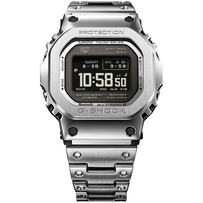 Casio G‑SHOCK Herrenuhr silbernes Edelstahlarmband, rundes Display mit Tough Solar