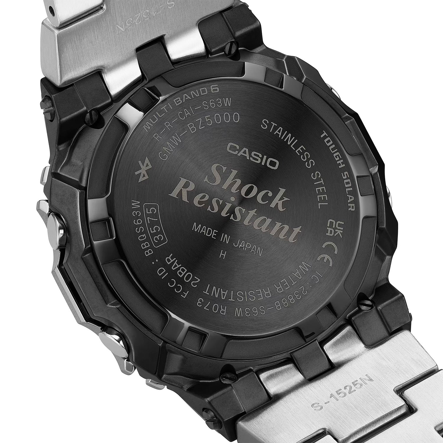 Casio G‑SHOCK Armbanduhr Rückseite mit Gravur, schwarzem Schutzring und Stahlboden