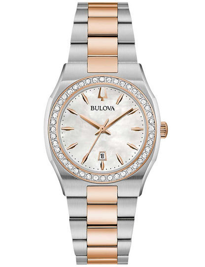Bulova Damenuhr mit Bicolor-Metallband, Perlmuttzifferblatt und Diamant-Lünette
