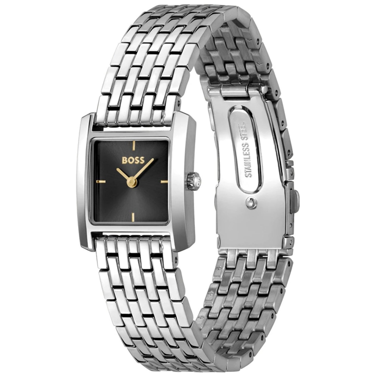 Damenuhr BOSS mit schwarzem Zifferblatt, rechteckigem Edelstahlgehäuse und Kettenarmband