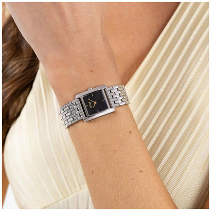 Damenuhr BOSS mit schwarzem Zifferblatt, rechteckigem Edelstahlgehäuse und Gliederarmband