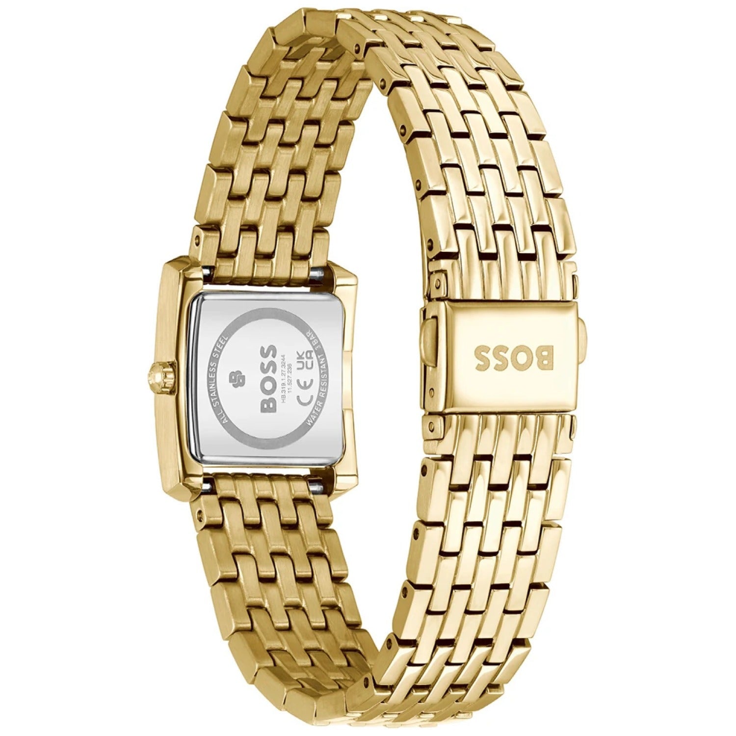 Goldfarbene Damenarmbanduhr mit sichtbarer Rückseite am rechteckigen Gehäuse, Metallarmband