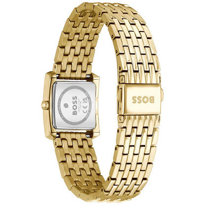 Goldfarbene Damenarmbanduhr mit sichtbarer Rückseite am rechteckigen Gehäuse, Metallarmband