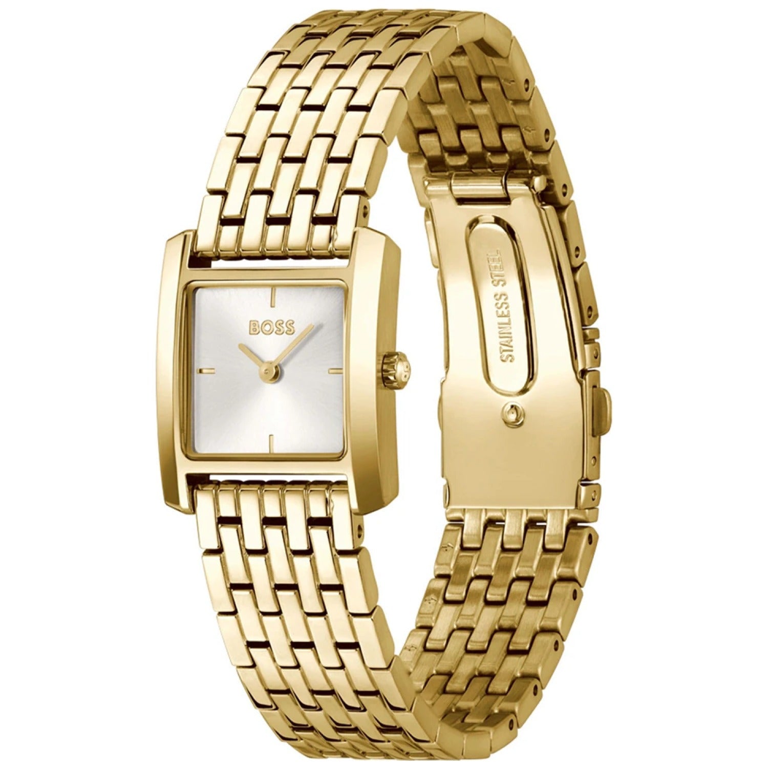 Goldfarbene Damenarmbanduhr mit rechteckigem Zifferblatt, Metallgliederarmband und Krone