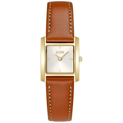 Damen-Armbanduhr mit goldenem Gehäuse, braunem Lederarmband und rechteckigem Zifferblatt (BOSS).