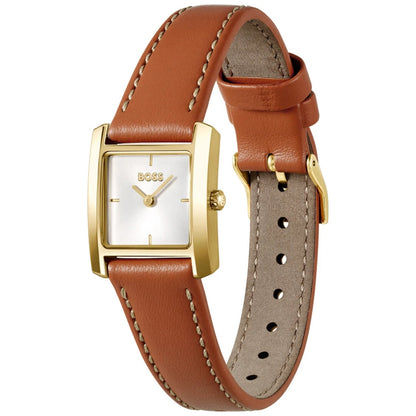Damenarmbanduhr BOSS, goldfarbenes Gehäuse mit weißem Zifferblatt und braunem Lederarmband