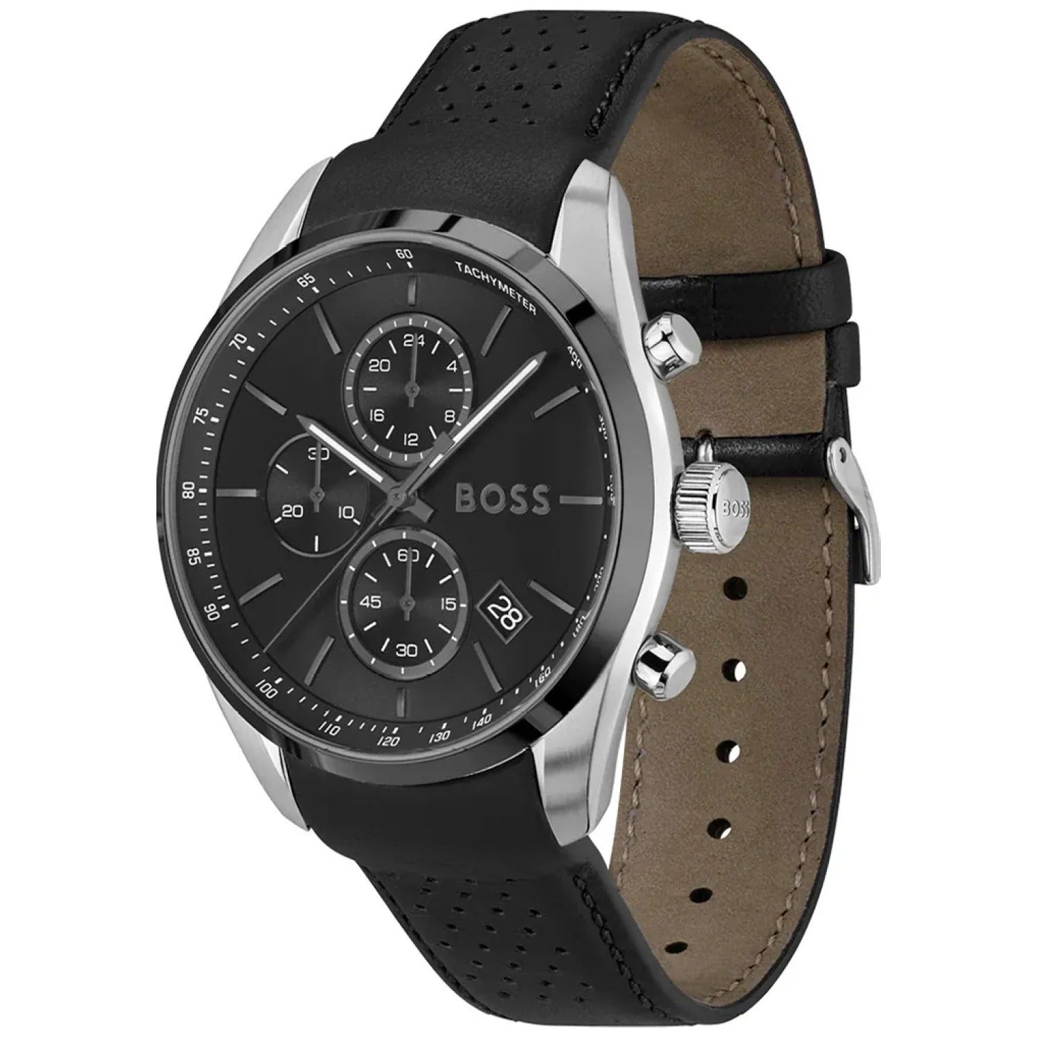 BOSS Chronograph-Armbanduhr mit schwarzem Zifferblatt, Tachymeter und schwarzem Lederband