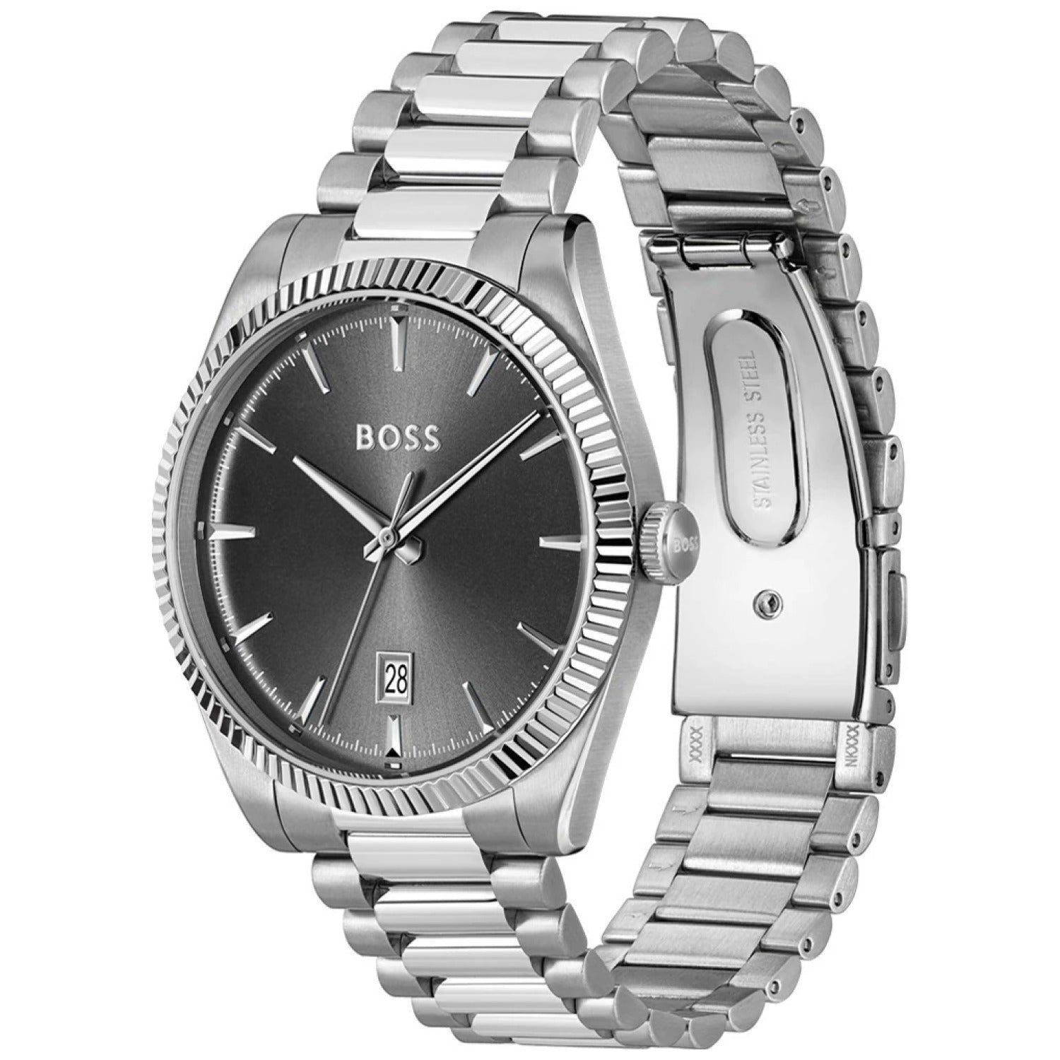 Herrenarmbanduhr BOSS Cheswick mit silbernem Stahlband und schwarzem Zifferblatt, Datumsfenster