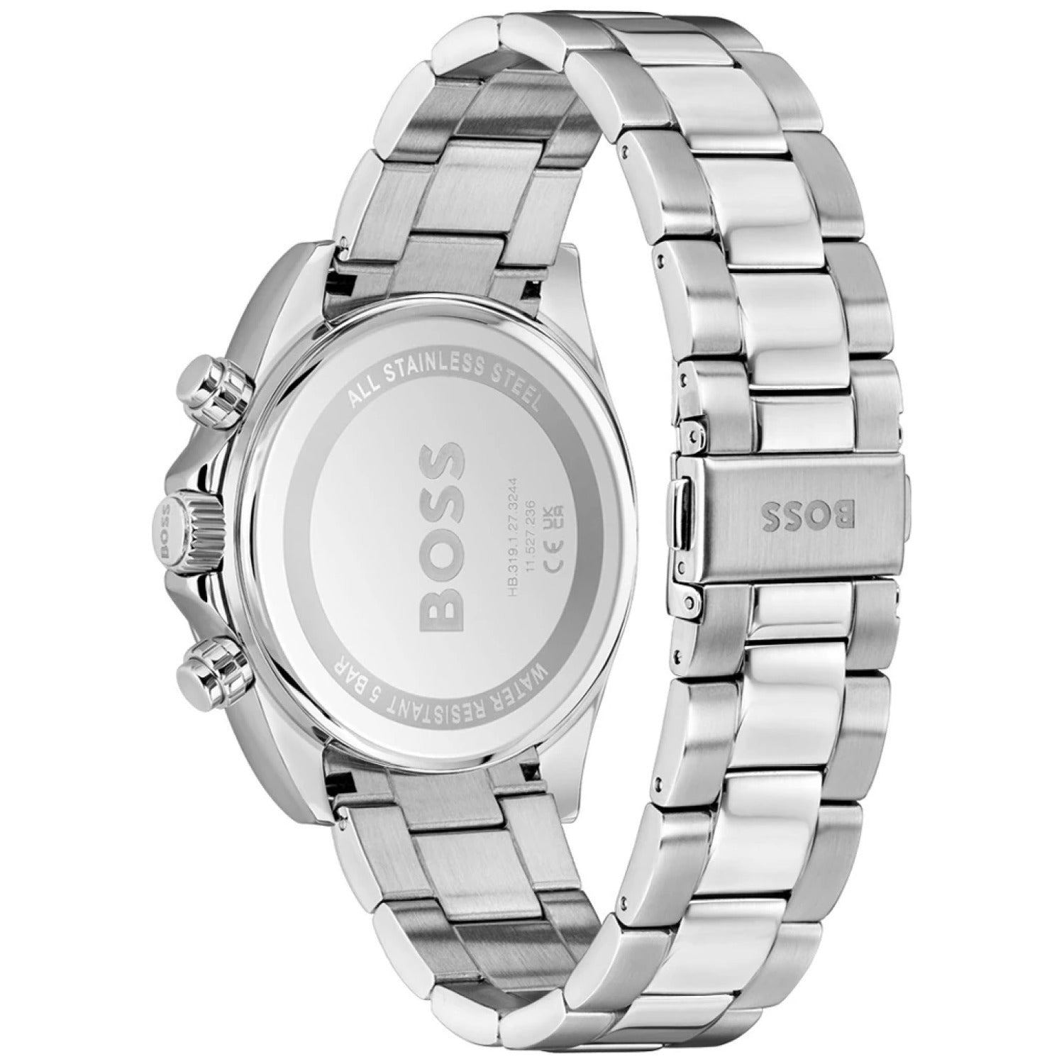 Herren-Chronograph Rückseite mit silbernem Edelstahlgehäuse und Armbandglieder