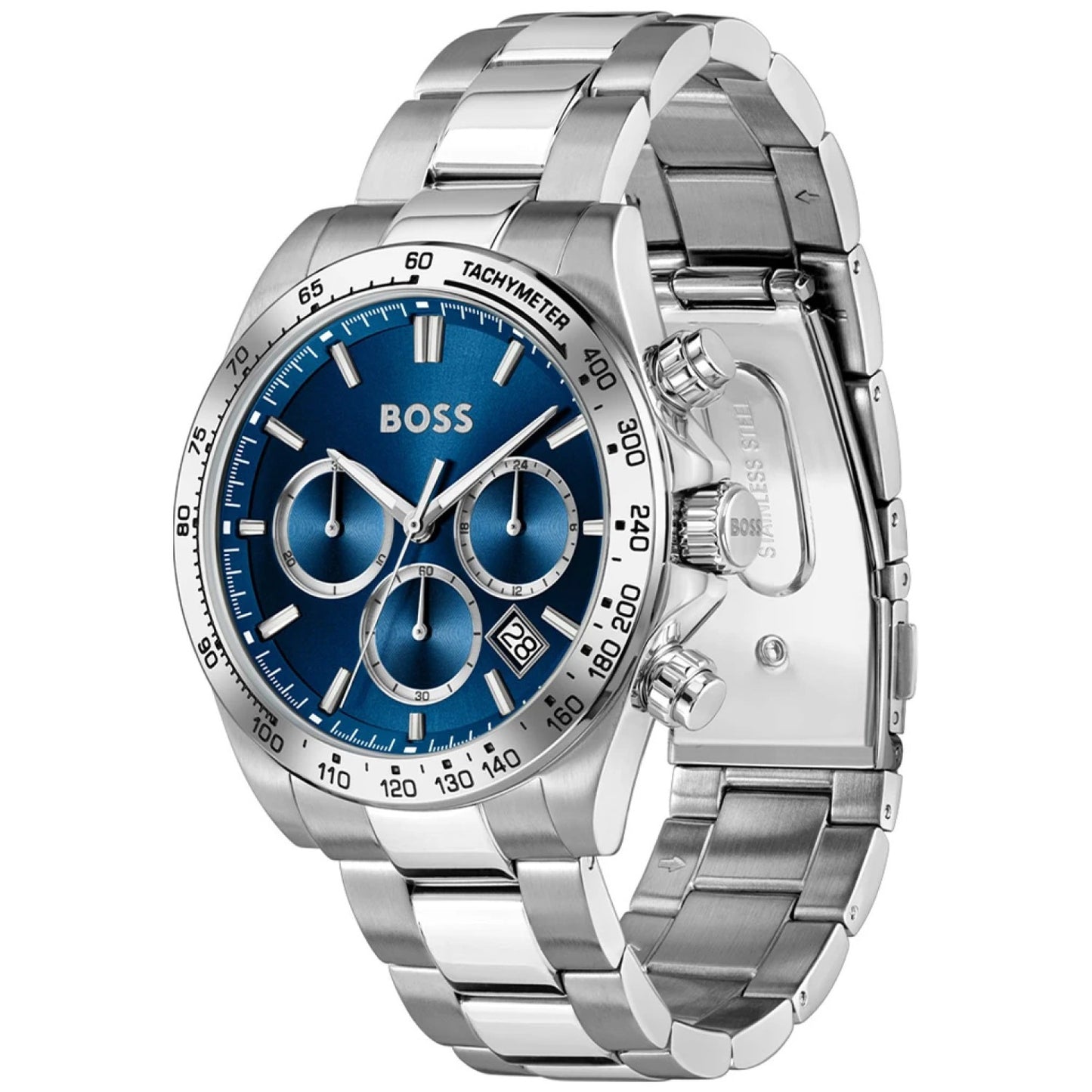 Herren-Chronograph mit silbernem Edelstahlarmband, blauem Zifferblatt und Chrono-Subdials