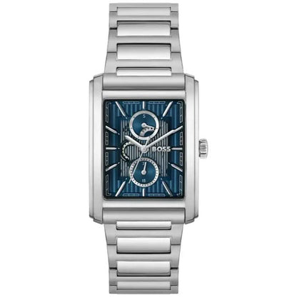 BOSS Herrenarmbanduhr mit silberfarbenem Edelstahlband und blauem rechteckigem Zifferblatt