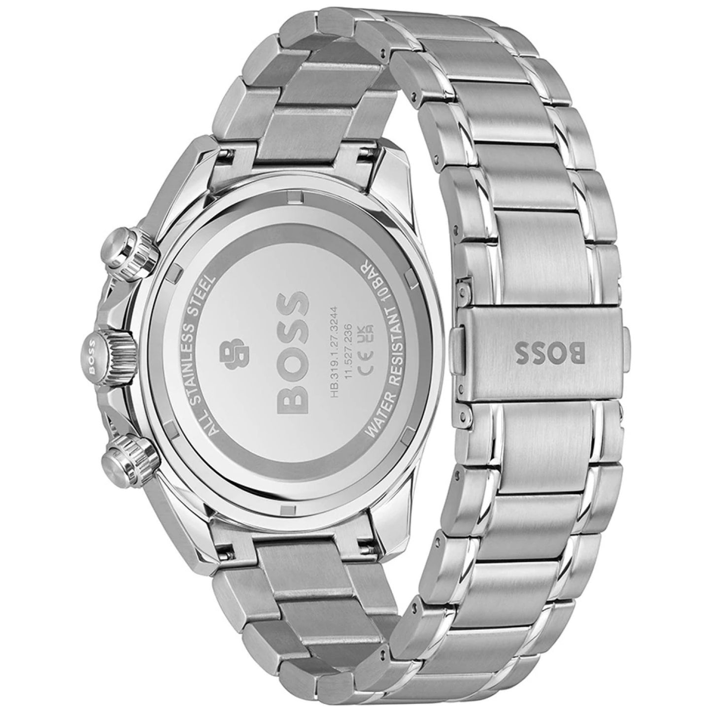 BOSS Herrenarmbanduhr Rückseite mit Edelstahlgehäuse, Gravur und Edelstahlarmband