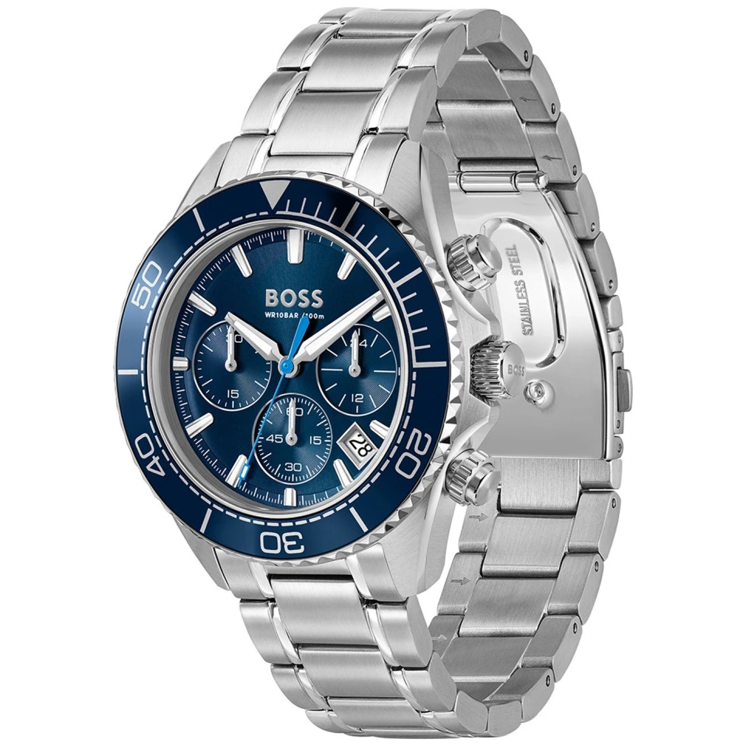 BOSS Chronograph-Armbanduhr mit blauem Zifferblatt, blauer Lünette und Edelstahlarmband