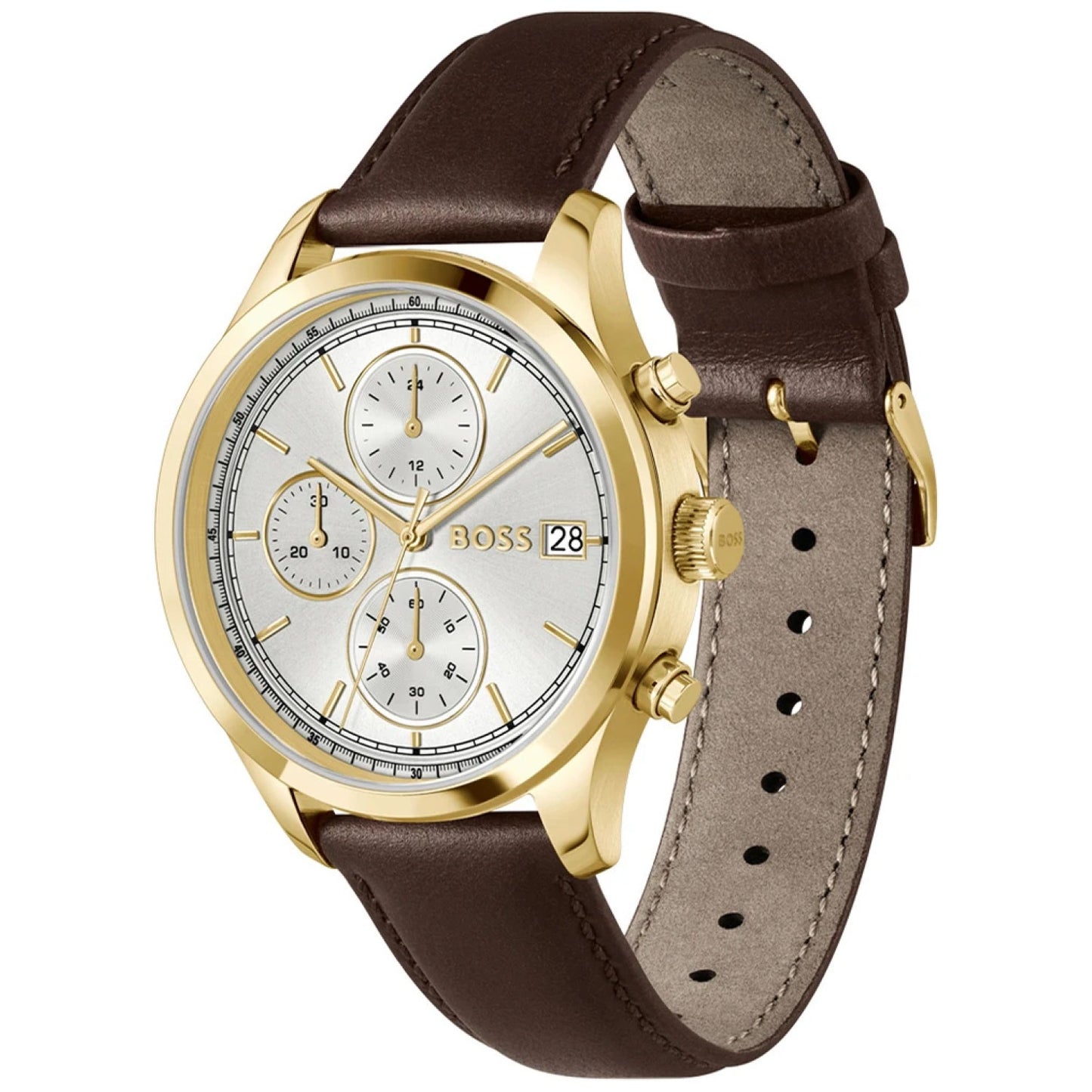 Chronograph Herrenarmbanduhr: goldfarbenes Gehäuse, braunes Lederband, weißes Zifferblatt mit 3 Zählern