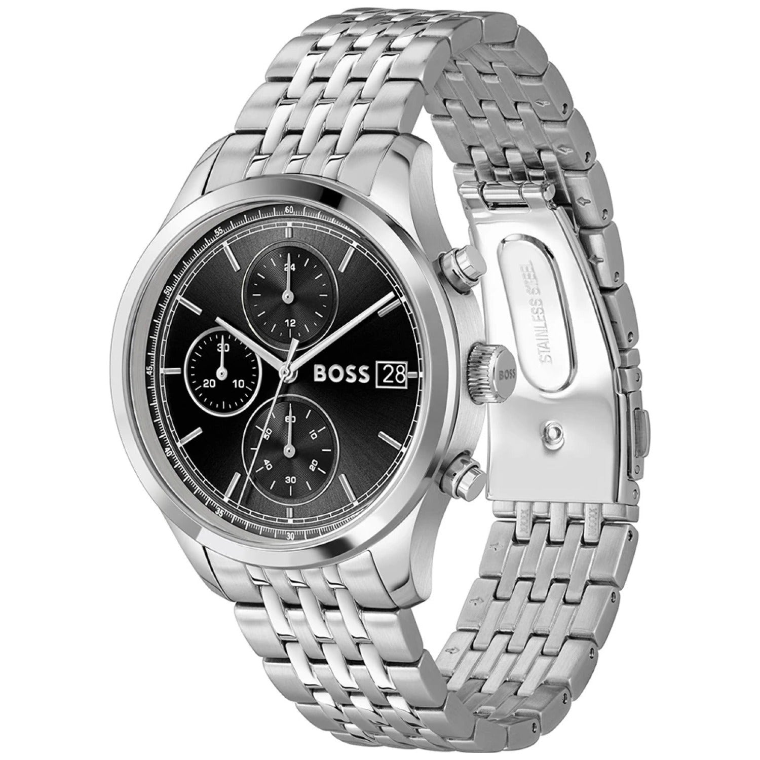 BOSS Stratus Chronograph mit Datumsanzeige, schwarzes Zifferblatt, Edelstahlarmband