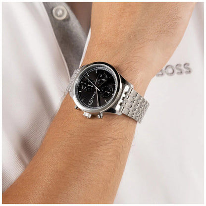 BOSS Stratus Chronograph-Armbanduhr mit schwarzem Zifferblatt, Edelstahlarmband